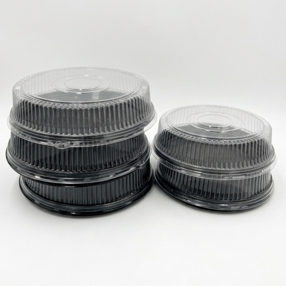 Black Plastic serving catering  trays round with domed lids set of 5